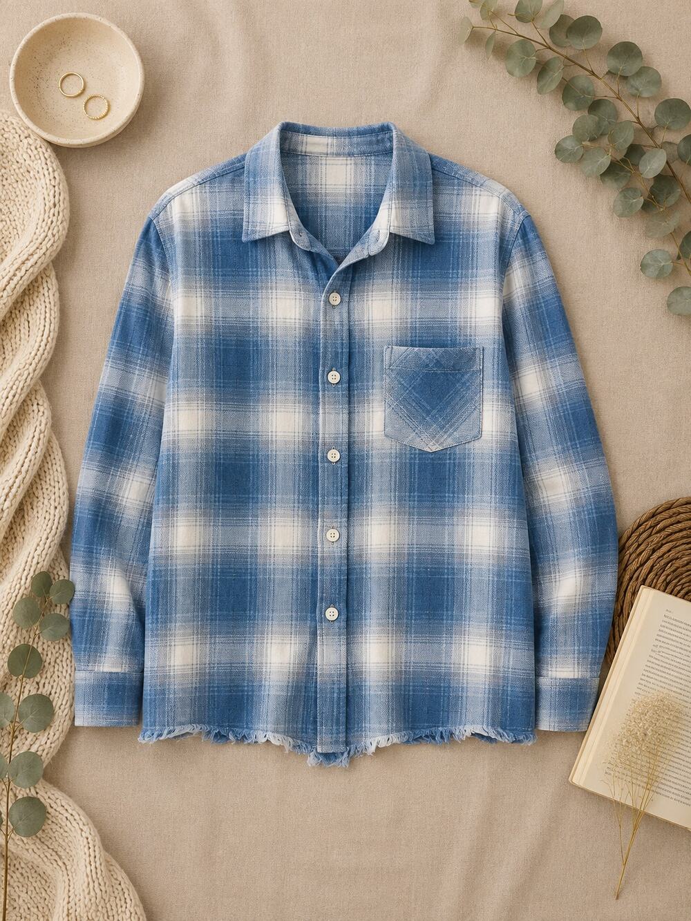 BDG Men’s Blue Vintage Flannel Shirt Plaid Distressed Button Down Grunge Indie L